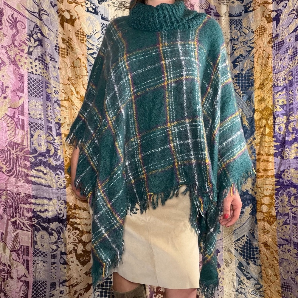 Teal Plaid Fringe Hem Boho Turtleneck Poncho Cape Sweater Women's One Size